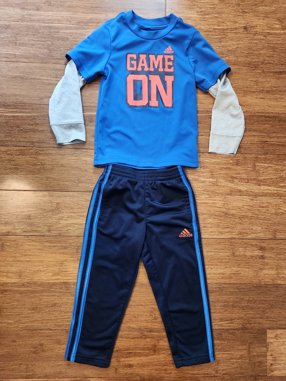 Adidas Boys Blue Game On Athletic Long Sleeve Shirt & Navy Striped Pants Set 3t